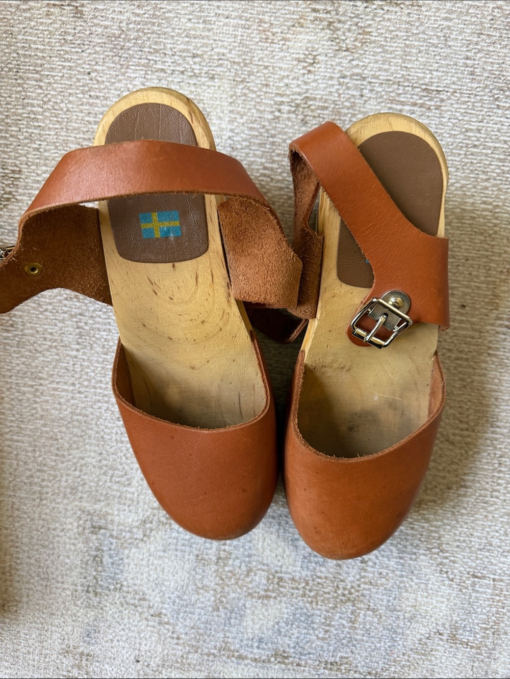 Swedish Hasbeens Burnt Orange Leather Clog Mules with Buckle